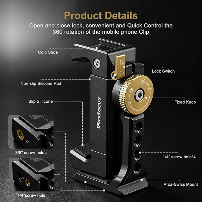 Minifocus Metal Phone Tripod Mount | 1/4" Threads with Cold Shoe|360° Rotatable Phone Clamp|Compatible with sellphone for Selfie Stick|Tripod|Streaming - Image 6