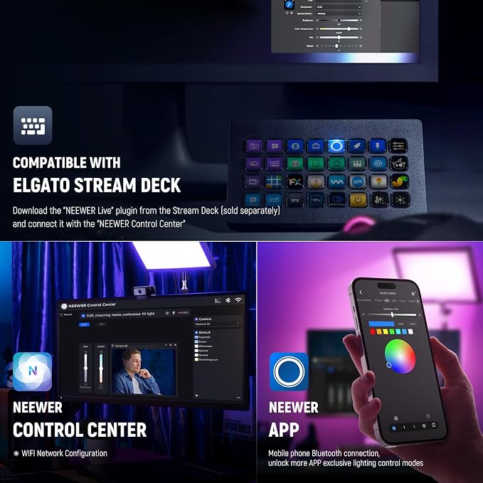 NEEWER GL25C LED RGB Streaming Key Light, APP/PC Control 25W 2500Lux/0.5m 2900K-7000K CRI95+/TLCI97+ Full RGB Dimmable Edge Emitting Silent Webcam Video Light with Desk Stand - Image 6