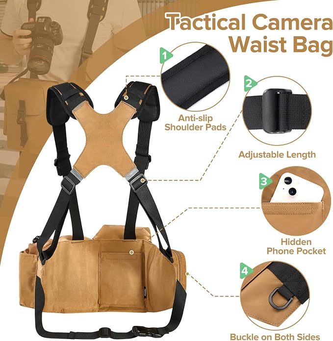 Camera Belt Camera Vest for Photographers,Vest Waist Pack for Lens | Multifunctional Camera Bag Adjustable Strap Suitable for Storing DSLR Camera Body Lens Smartphone Water Bottle(Khaki) - Image 2