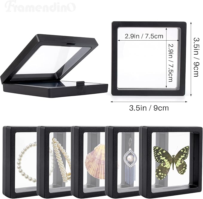 Framendino, 20 Pack Black 3D Floating Frame Display Case Challenge Coin 3.5x3.5x0.8 Holder Stands Jewelry Storage Box for AA Medallion Shells Gems - Image 2