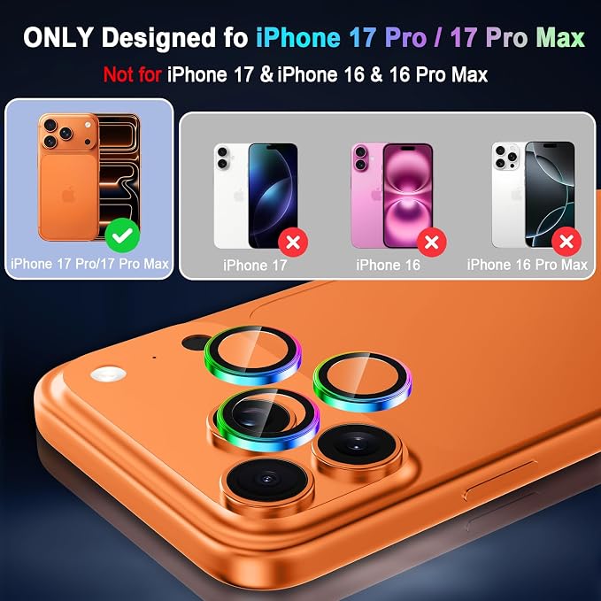 Meshine for iPhone 17 Pro/17 Pro Max Camera Lens Protector,Scratch Proof,Strong Adsorption,9H Hardness with Metal Ring Camera Cover,Ultra Thin Case Friendly, Accessories Lens Protector,Colorful - Image 2