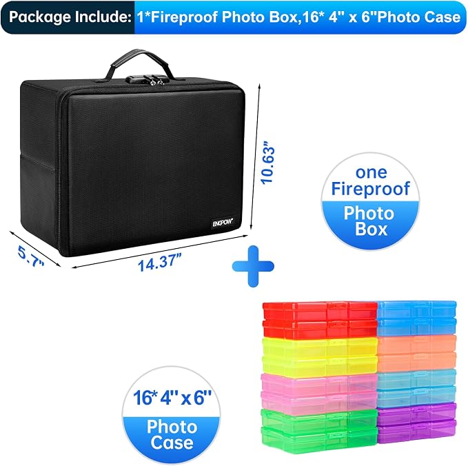 ENGPOW Fireproof Photo Storage Box with 16 Inner 4" x 6" Photo Cases(Multi-Colored), Photo Organizer with Lock, Collapsible Portable Photo Safe Containers with Handle for Photos, Picture, Craft - Image 2