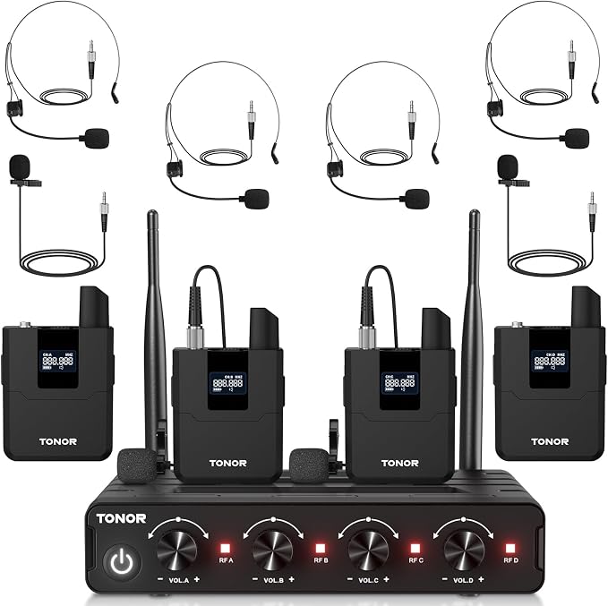 TONOR Wireless Microphones System with UHF Headset/Lavalier Lapel Mics, Bodypack Transmitter, Receiver, 4 * 10 Channels, 60 m/200ft Range for Church Conference Performance Singing Karaoke PA Speaker by TONOR