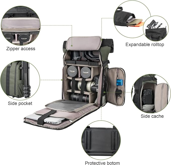 Camera Backpack for Photographer DSLR SLR Waterproof Camera Bag with Laptop Compartment Tripod Holder Roll Top Photographer Case for Hiking Traveling - Image 4