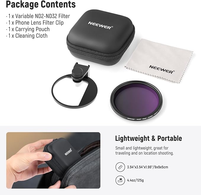 NEEWER 67mm Clip On Variable ND Filter Kit with Cold Shoe Phone Clip, Adjustable ND2-32 Filter Compatible with iPhone 17 16 15 Pro Max Plus Android Samsung Galaxy S24 S25 Ultra - Image 9