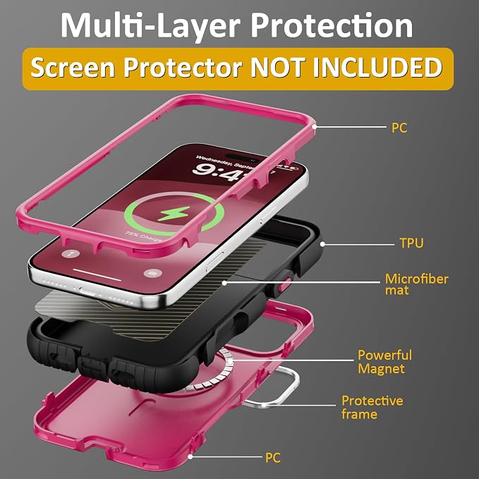 Follaroma Magnetic for iPhone 17 Pro Case with Camera Stand, Hot Pink，6.3" | Built-in Glass Camera Cover Stand,Compatible with MagSafe,Heavy Duty Shockproof Protective,Military-Grade Anti-DropDual Case - Image 6