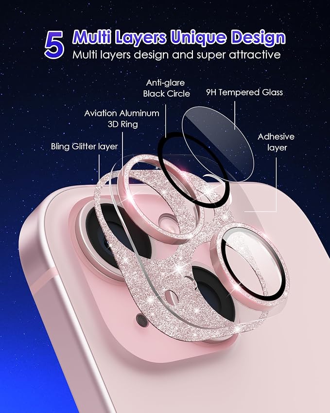 Compatible for iPhone 15/ iPhone 15 Plus/iPhone 14/ iPhone 14 Plus Camera Lens Protector GL-Plus Aluminium Alloy Ring 9H Tempered Glass Screen Camera Cover GL-Pink - Image 3