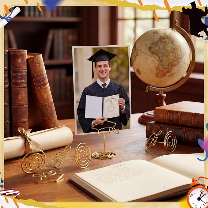 36 Pcs 2026 Graduation Gold Photo Holders for Table Centerpieces Metal Photo Holder Gold Picture Display Stands Menu Memo Clips for Graduation Party Table Decoration Supplies(Certificate, Cap) - Image 4