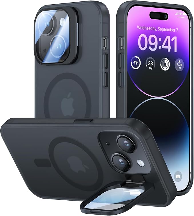 VOFATA for iPhone 14 Plus Case with Camera Cover Stand [Built-in 9H Camera Lens Protector][Fit for Magsafe] Military Grade Shockproof Translucent Matte Magnetic Phone Case 6.7",Black by VOFATA