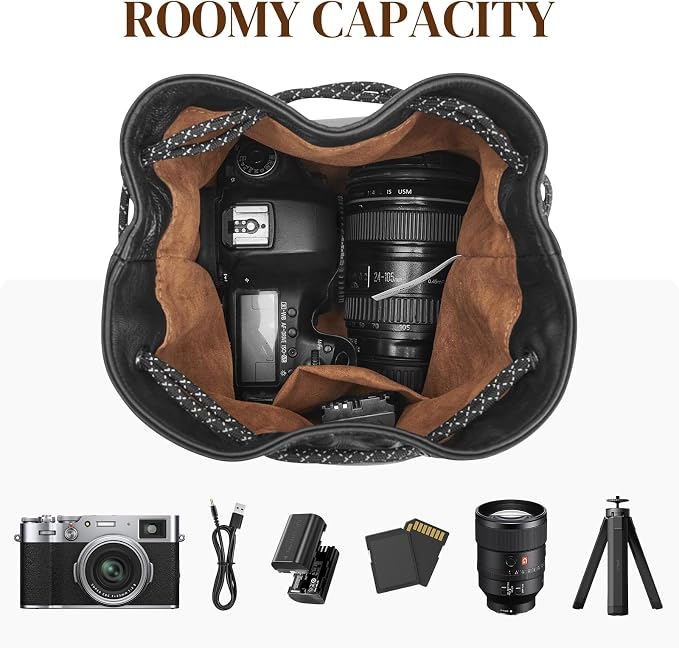 S-ZONESoft Leather Camera Insert Bag Drawstring Camera Pouch DSLR Lens Case | Top Grain Lambskin Leather, Drawstring Closure, Dust-proof, Scratch-resistant, Compatible with Canon Nikon Sony - Image 3