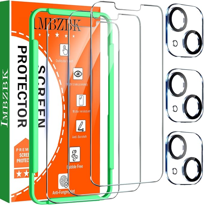 IMBZBK Screen Protector for iPhone 13, Tempered Glass, 3+3 Pack | 9H+ Hardness, Military Grade Shatterproof, Case Friendly, Bubble Free Easy Installation Frame, with 3 Camera Lens Protectors by IMBZBK