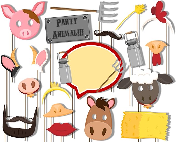 Farm Animals Barnyard Photo Booth Props Kit - 20 Pack Party Camera Props Fully Assembled by BirthdayGalore