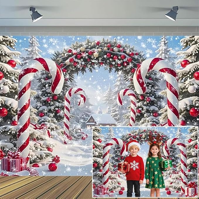 Winter Christmas Cane Candy Photography Backdrop 10x10ft | Xmas Snow Scene Christmas Tree Background, New Year Eve Party Decorations Banner, Winter Holiday Photo Studio Props, Vinyl by XMJJKUF