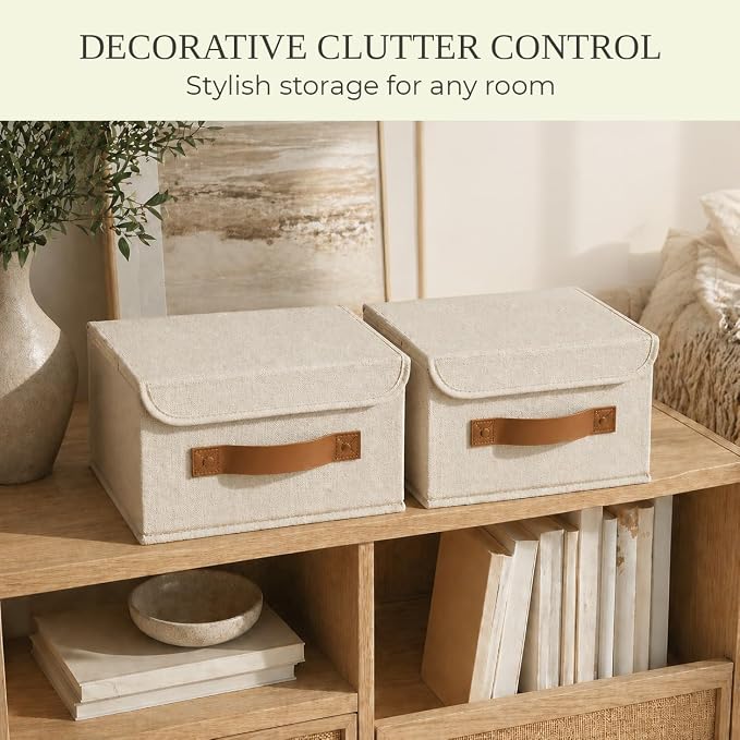Decorative Linen Storage Boxes with Lids - Spacious Set of 2 Organizer Bins | The Perfect Small Container for Home Decor - Safely Store Photos, Documents and Memory Box Keepsakes in Style - Image 6