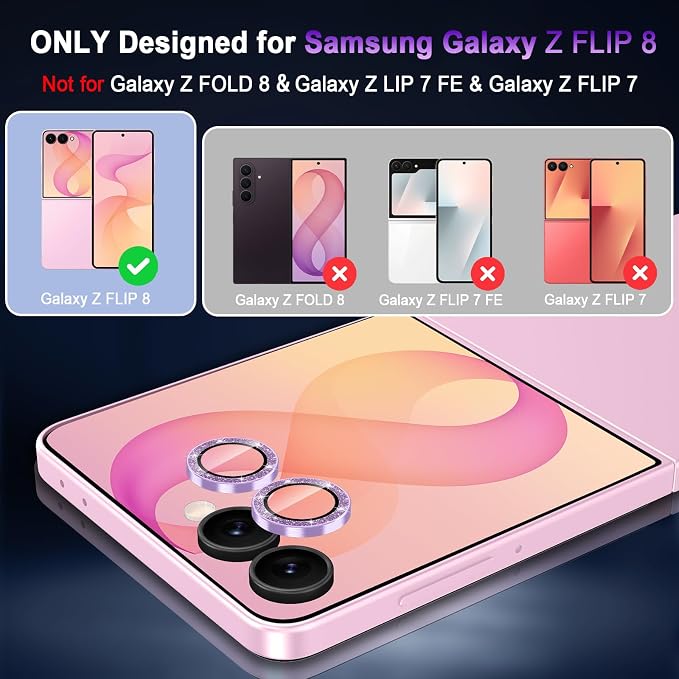 Meshine for Samsung Galaxy Z Flip 8 Camera Lens Protector,Scratch Proof,Strong Adsorption,9H Hardness with Metal Ring Camera Cover,Ultra Thin Case Friendly,Accessories Lens Protector,Glitter Purple - Image 2