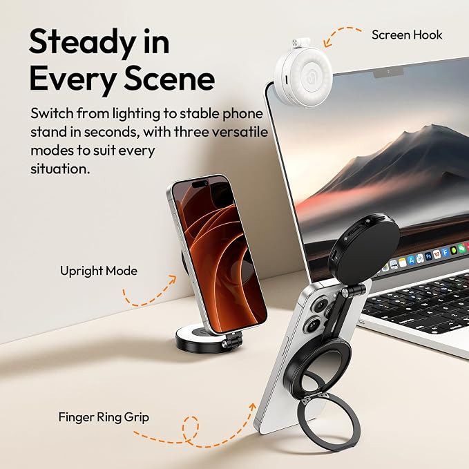 ULANZI LM23 Magnetic Selfie Light for iPhone with Magsafe, Mirror, Hook | 2500K-8000K CRI96 360° Rotation Type‑C LED Phone Selfie Beauty Fill Light for Video Recording/Vlogging/Meeting/TikTok-Black - Image 4