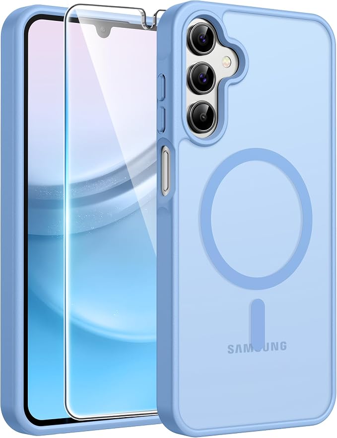 FNTCASE for Galaxy A15 5G Phone Case, Screen Protector, Light Blue | Translucent Matte Magnetic Back, 14FT Military Grade Drop Protection, Shockproof Protective, for Samsung A 15 Cover by FNTCASE