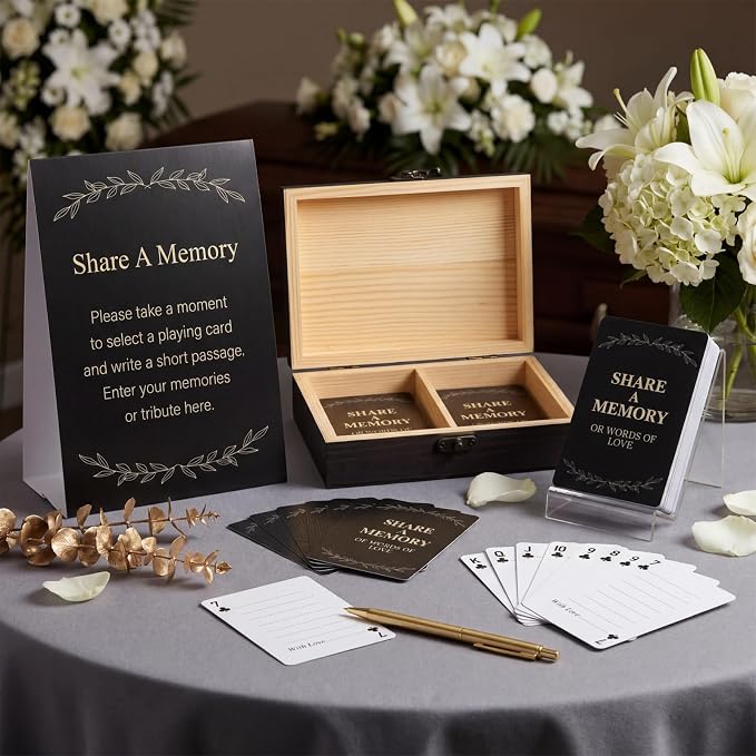AceOrbit 57 Pcs Celebration of Life Memory Cards and Box Set | Share a Memory with Display Sign and Wooden Card Holder Box Memorial Table Card for Funeral Service Guest Book Alternative - Image 2