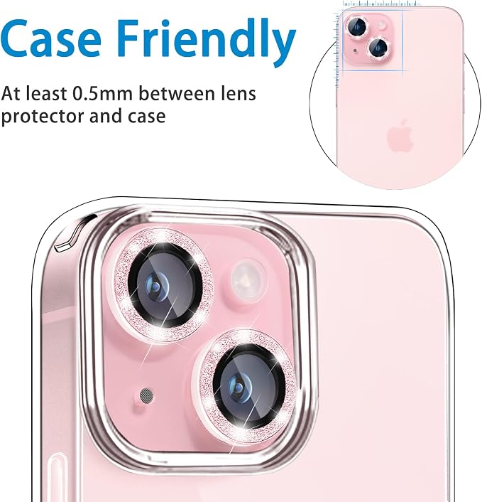 Compatible with iPhone 15 & 15 Plus Camera Lens Protector, Bling Glitter 9H Tempered Glass Camera Cover Anti Scratch Shockproof Screen Protector Individual Metal Lens Ring - 2PCS Glitter Pink - Image 5