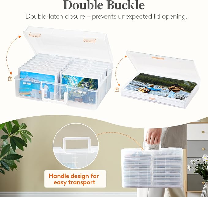Lifewit 16 Pcs Photo Storage Box for 4"x 6" Pictures, Acid-Free, Clear | 1 Pcs Transport Outter Case with Handle& Labels, Container for Cards, Sticker, Seed, Scrapbooking, Craft, Classroom Supplies - Image 6