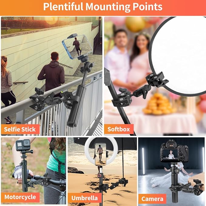 Double Super Clamp Camera Mount, Umbrella Holder w/ 360° Ballhead | Aluminum, silicone pads, grips 0.5-2.3" rods, flat 0-1.97", 1/4" thread, 3" arm, for bike, stroller, light stand, reflector - Image 7