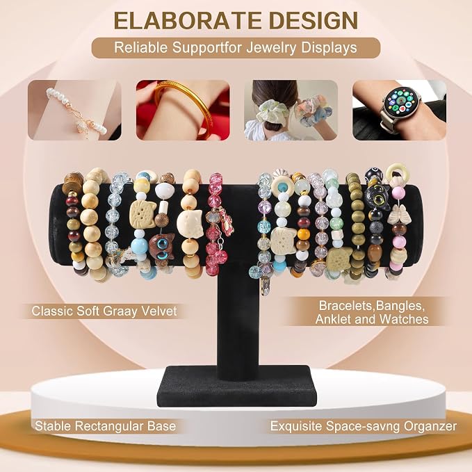 TENINYU Hovering T-Bar Bracelet Necklace Earring Bangle Pendants Anklet Tower Watch Key Jewelry Display Stand for Home Organization (Black Velvet 2Pack) - Image 6