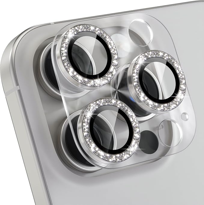 Choiche for iPhone 16 Pro/iPhone 16 Pro Max Camera Lens Protector | Bling Camera Cover with 9H Tempered Glass Lens Screen Protector Metal Ring Decoration Accessories (Clear-Titanium Natural) by Choiche