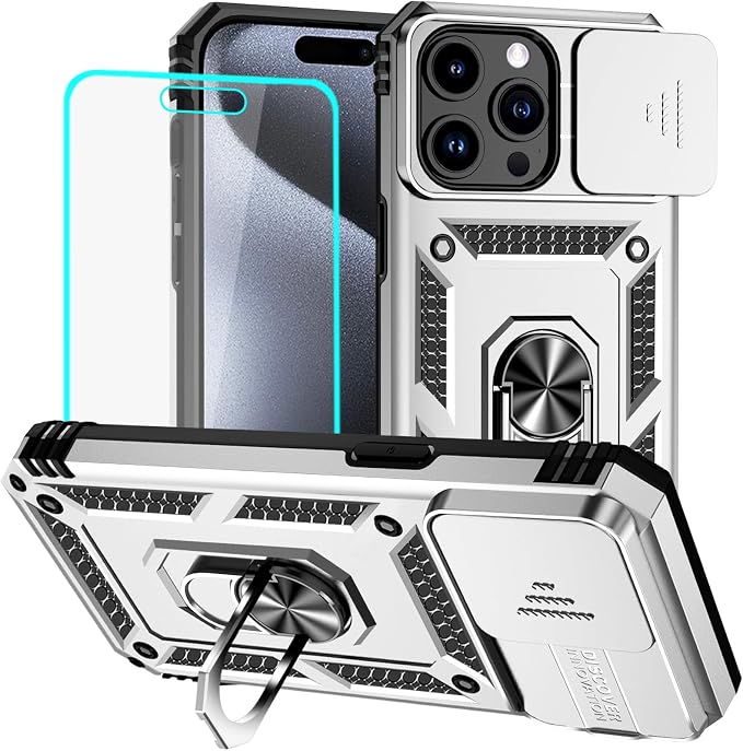 HNHYGETE for iPhone 15 Pro Case with HD Screen Protector: [Military Grade 20ft. Drop Tested] Slide Camera Cover Ring Shockproof Protective Phone Case for - iPhone 15 Pro (Silver) by HNHYGETE