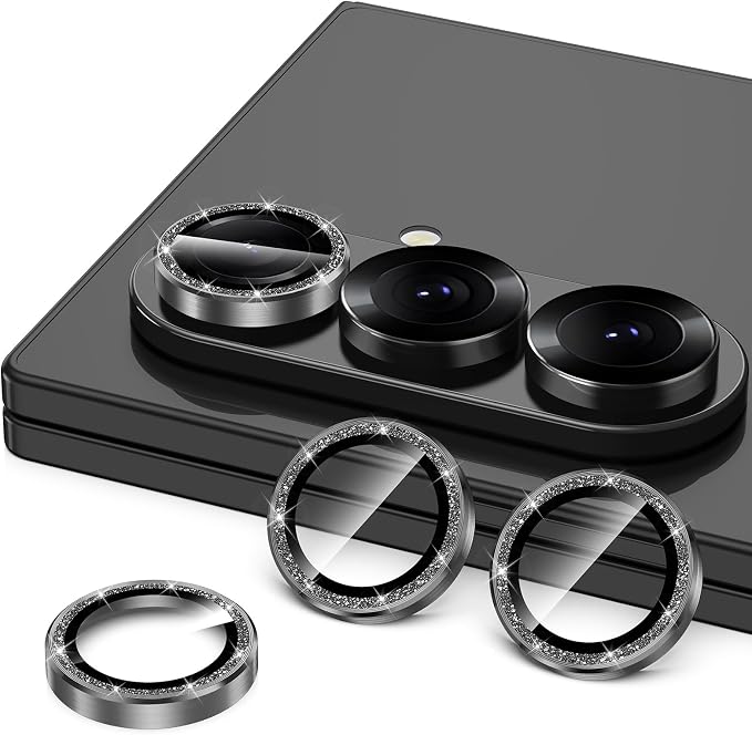 for Samsung Galaxy Z Fold 7 Camera Lens Protector, Individual Metal Ring Tempered Glass Lens Cover, [Strong Adsorption] Scratch Resistant Ultra-Thin HD Clear Lens Cover, 1 Set-Black Sparkly - Image 2