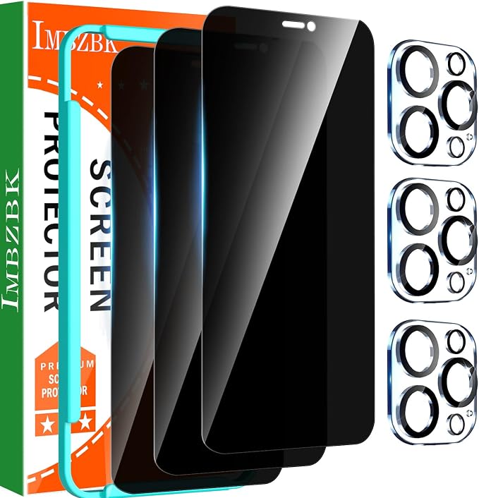 IMBZBK 3 Pack Privacy Screen Protector for iPhone 12 Pro Max,Tempered Glass | 9H+ Hardness, Military Grade Shatterproof, Case Friendly, Bubble Free Easy Installation Frame, with 3 Camera Lens Protectors by IMBZBK