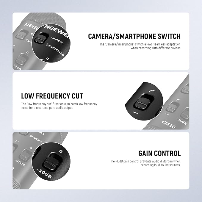 NEEWER 3.5mm TRRS Lavalier Lapel Microphone Plug & Play Mini Clip on Mic Omnidirectional Condenser for Camera Phone PC, Low Frequency Cut, Gain Control, Monitoring Headphone Jack, CM10 - Image 4