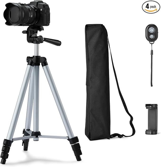Amazon Basics 50" Lightweight Tripod for Camera and Phone with Travel Bag, Remote Control, Height Adjustable, 360-Degree Rotation, Aluminum, Silver by AmazonBasics