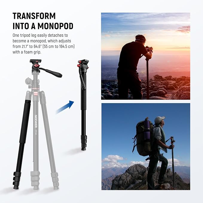 NEEWER Overhead Horizontal Camera Tripod Monopod with Fluid Head & Flexible Center Column, 90 Inch Tall Metal DSLR Video Travel Stand, Arca Type QR Plate & Inverted Legs, Max Load 13.2 lbs, TP64 - Image 5