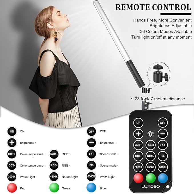 LUXCEO 2 Pack RGB LED Video Tube Light Wand Stick, 36 Colors, 3000K-6000K Dimmable, Photography Studio Lighting Kits with 29" to 81" Tripod & Remote Control, for Live Streaming/Portrait/Vlog - Image 5