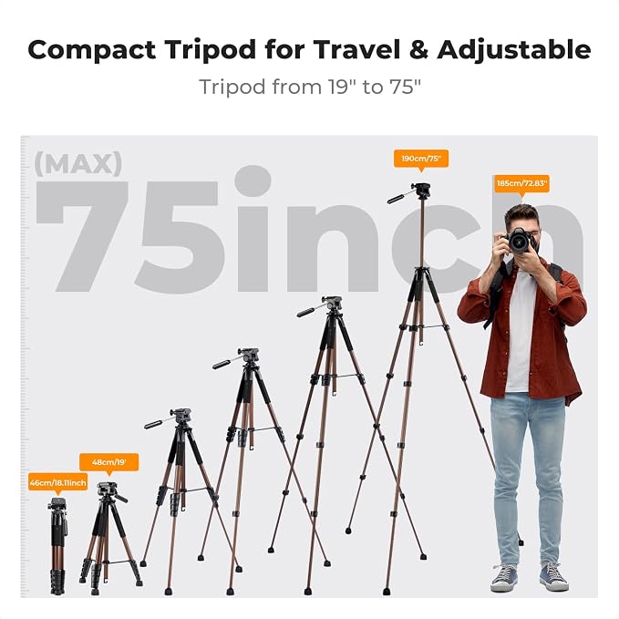 K&F CONCEPT 75" Aluminum Camera Tripod, Lightweight and Compact for Travel | Compatible with Canon Nikon DSLR Camera, Cellphone Clip and Remote Control for Shooting and Video Recording S255A3+BV01 - Image 5