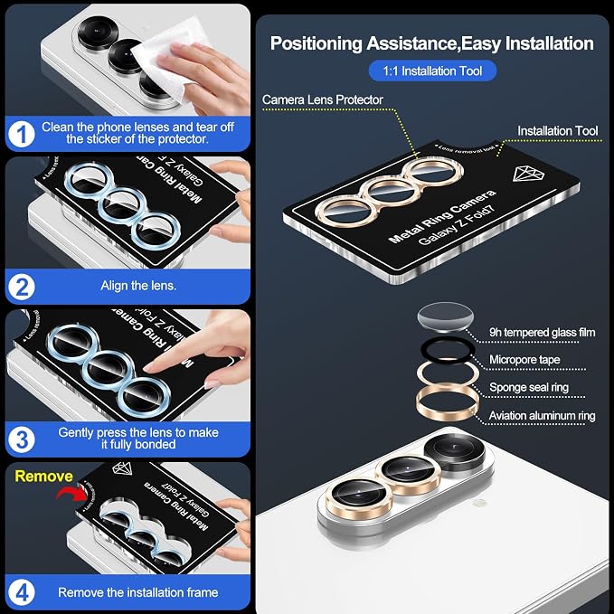 for Samsung Galaxy Z Fold 7 Camera Lens Protector, Individual Metal Ring Tempered Glass Lens Cover, [Strong Adsorption] Scratch Resistant Ultra-Thin HD Clear Lens Cover, 1 Set-Gold - Image 6