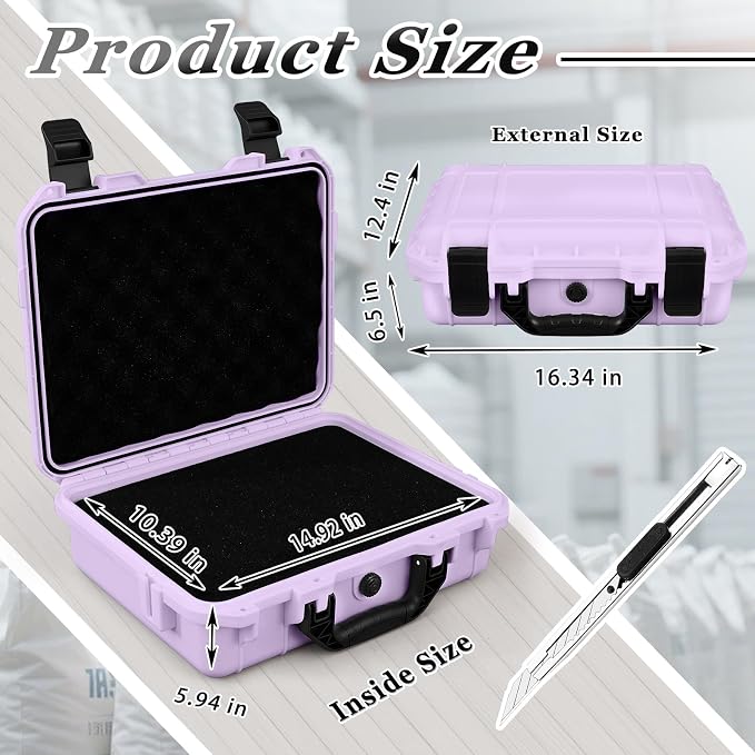 Relaxweex 1 Pcs Waterproof Hard Case with DIY Customizable Foam Insert Portable Protective Case with Knife for Camera Drones Equipments Tools Test Instruments(Purple,16.3 x 12.4 x 6.5 Inch) - Image 2