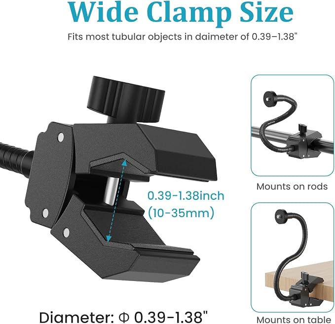 Gooseneck Clamp Camera Mount with 1/4" Screw, Flexible 30cm Arm | Clip Mounts for Handlebar, Desk, Tube, Cross Bar | Compatible with Go Pro, Ring, Google Nest, Wyze, and Arlo - Image 2