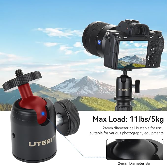 UTEBIT Mini Ball Head, with 3/8" to 1/4" Adapter Ballheads Black | 360° Pan 90° Tilt Tripods Mount with 24mm Ball Head Metal Low Profile, Camera Mount Adapter Holder for Phone/DLSR Camera - Image 5