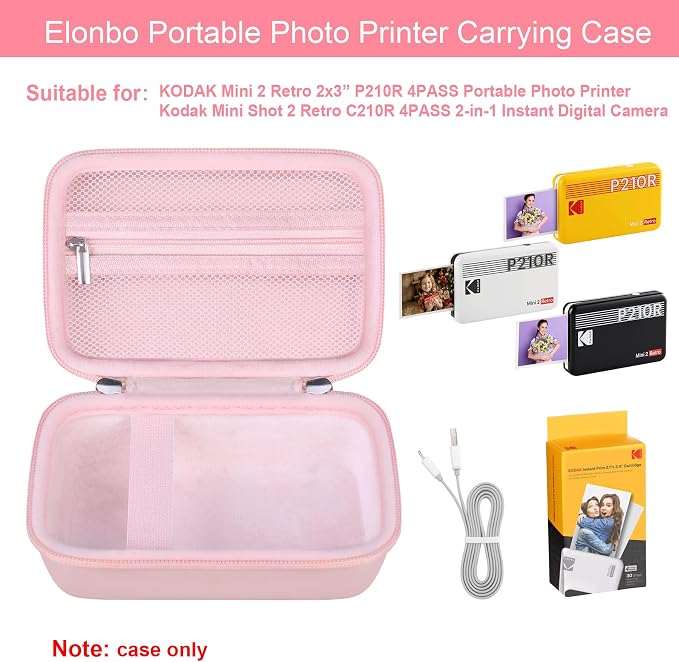 Elonbo Carrying Case for KODAK Mini 2 Retro 2x3 Portable Photo Printer | Bluetooth Smartphone Instant Color Printer Hard Travel Protective Bag, Mesh Pocket fits Cartridge Photo Paper Sheets, Pink - Image 2