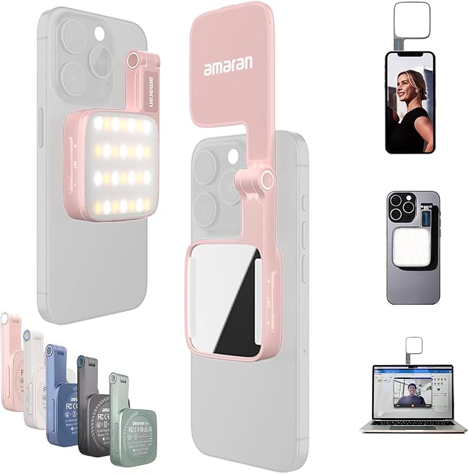 Amaran Go Magnetic Selfie Phone Light,Dual LED Light Source (Pink) | with Adjustable Mirror Light CCT 2700K-6500K,Rechargeable for Selfie,Makeup,Video Conference,TikTok,for iPhone & Android by Aputure