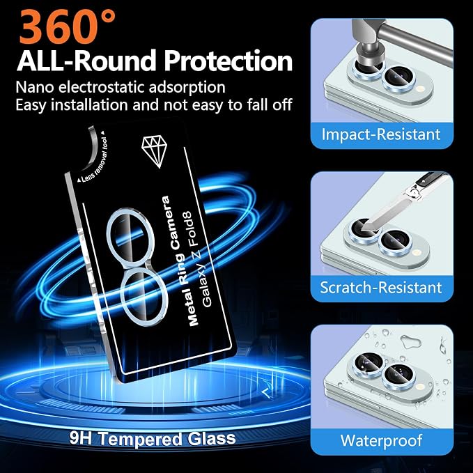for Samsung Galaxy Z Fold 8 Camera Lens Protector, Individual Metal Ring Tempered Glass Lens Cover, [Strong Adsorption] Scratch Resistant Ultra-Thin HD Clear Lens Cover, 1 Set-Blue - Image 2