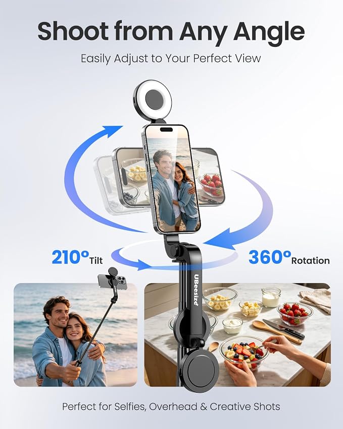 UBeesize Magnetic Selfie Stick Tripod with Dimmable Light and Rechargeable Remote, Portable Travel Phone Tripod Stand for MagSafe and Android Phones, Ideal for Vlogging, Photos, Video Recording - Image 6