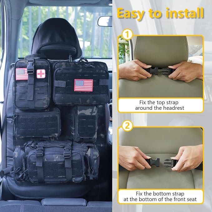 Universal Tactical Car Seat Back Organizer Bag Tactical Molle Vehicle Organizers Panel Vehicle Protector Organizers with 5 Detachable Pouches for Car Truck Ford Jeep (Upgraded D model Black camo) - Image 3