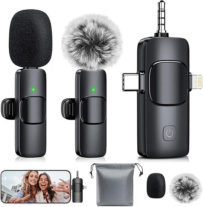 MENERESAS 3-in-1 Mini Microphone for iPhone: Wireless Lavalier Microphones for iOS/Android/Camera - Noise Reduction Lapel Mic, Clip on Mic for Video Recording Vlog, YouTube by MENERESAS