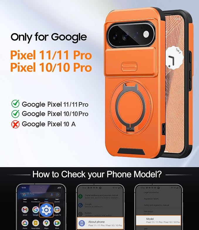 JAME for Google Pixel 10/10 Pro/11/11 Pro Case, Stand & Slide Camera Cover | Ring Holder Kickstand, Screen Protectors, Dual-Layer Shockproof Protective, Magnetic Accessory Friendly Phone Case, Orange - Image 2