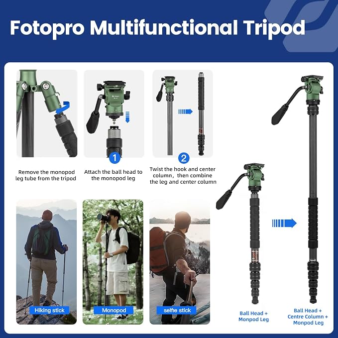 Fotopro 62" Carbon Fiber Travel Tripod, Lightweight Compact Video Tripods with Fluid Head, Detachable Monopod with Arca-Swiss Quick Release Plate and Bag, Camera Tripod Load up to 8KG/17.63lbs, Green - Image 5