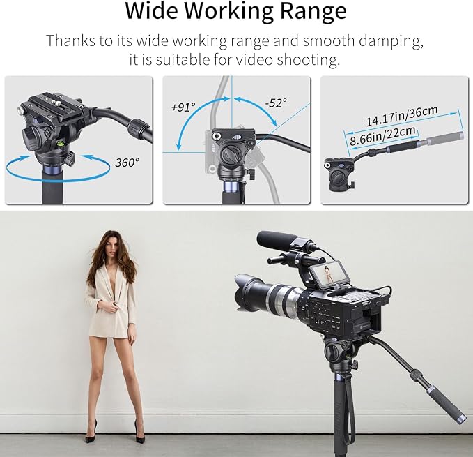 Carbon Fiber Video Monopod Kit-VM70CK Professional Hydraulic Fluid Head Monopod Removeable Multifunctional Travel Tripod Stand for Gopro DSLR Camera Telescopic Camcorders, Max Load 13 pounds/6 kg - Image 4