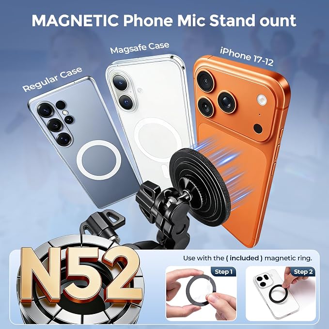 Magnetic Phone Holder for Mic Stand, 360° Rotatable Phone Mount with Clamp | All-Metal Clip Phones Mount for Microphone & Music Stands, Compatible with Magsafe & iPhone 17/16/15/14/13/12 - Image 2