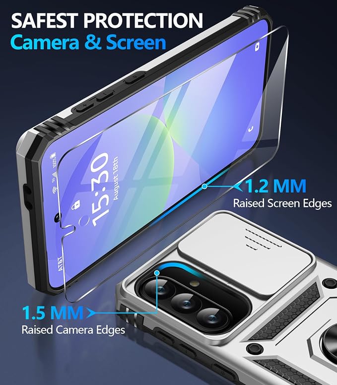 Taisairu for Samsung Galaxy A37 Case/A36 Case with Screen Protector & Slide Camera Lens Cover, Built-in Ring Stand Shockproof Protective Case for Samsung A37 5G Case/Samsung A36 5G Case (Silver) - Image 7